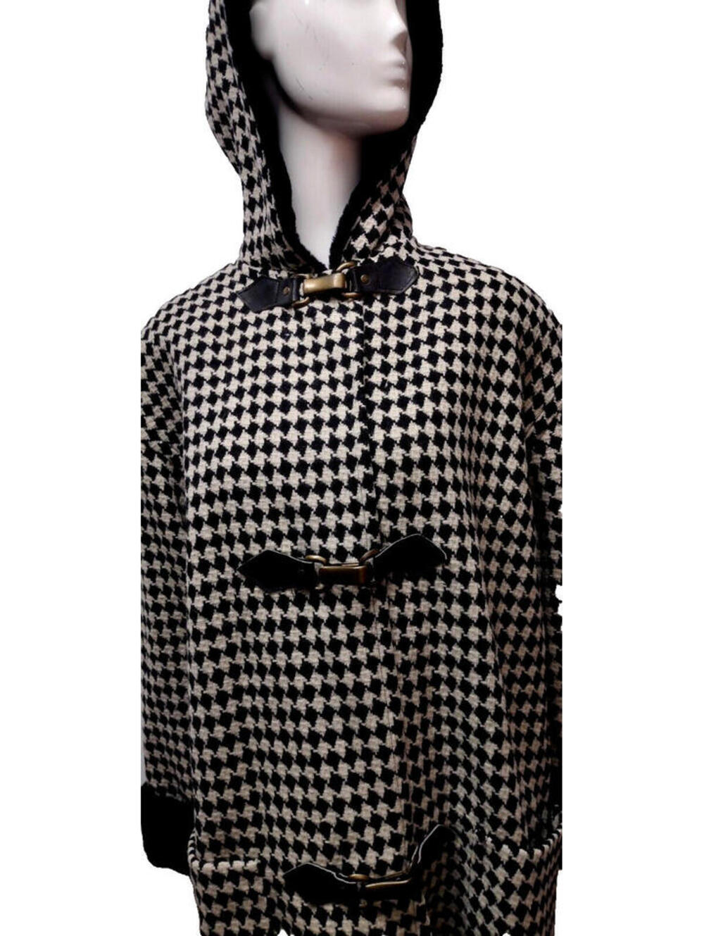 Vintage Heavy Fur Wool Coat Houndstooth Hooded Faux Back Fur Ashley Scott M L